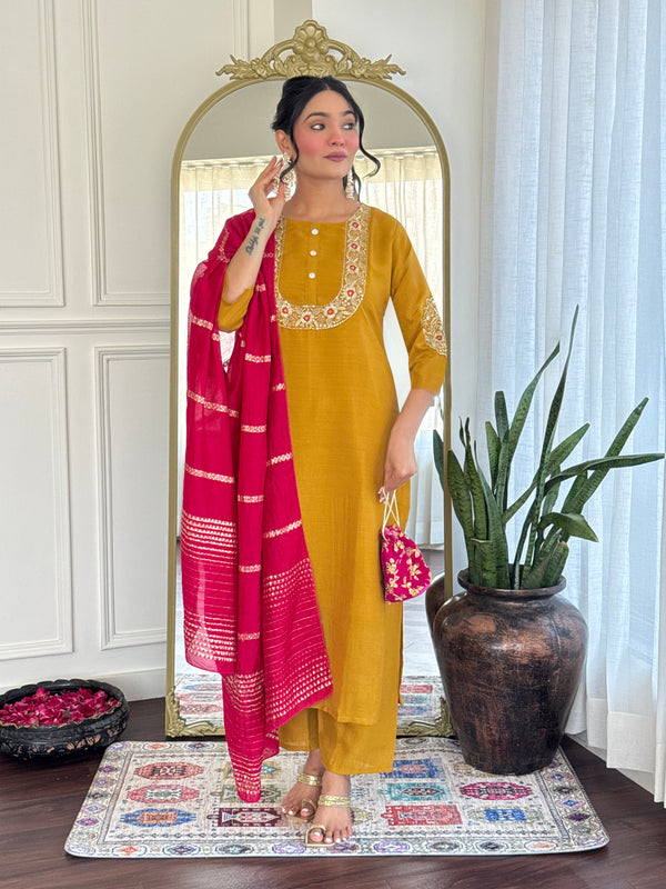 Malishka Women's Mustard Vichitra Silk Embroidered Straight Kurta Pant With Dupatta