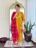 Thumbnail for Malishka Women's Mustard Vichitra Silk Embroidered Straight Kurta Pant With Dupatta