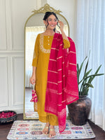 Thumbnail for Malishka Women's Mustard Vichitra Silk Embroidered Straight Kurta Pant With Dupatta