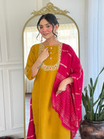 Thumbnail for Malishka Women's Mustard Vichitra Silk Embroidered Straight Kurta Pant With Dupatta