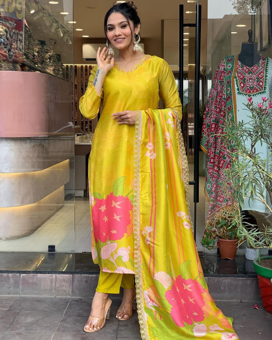 Malishka Women's Yellow Crepe Embroidered Straight Kurta Pant With Dupatta - Distacart