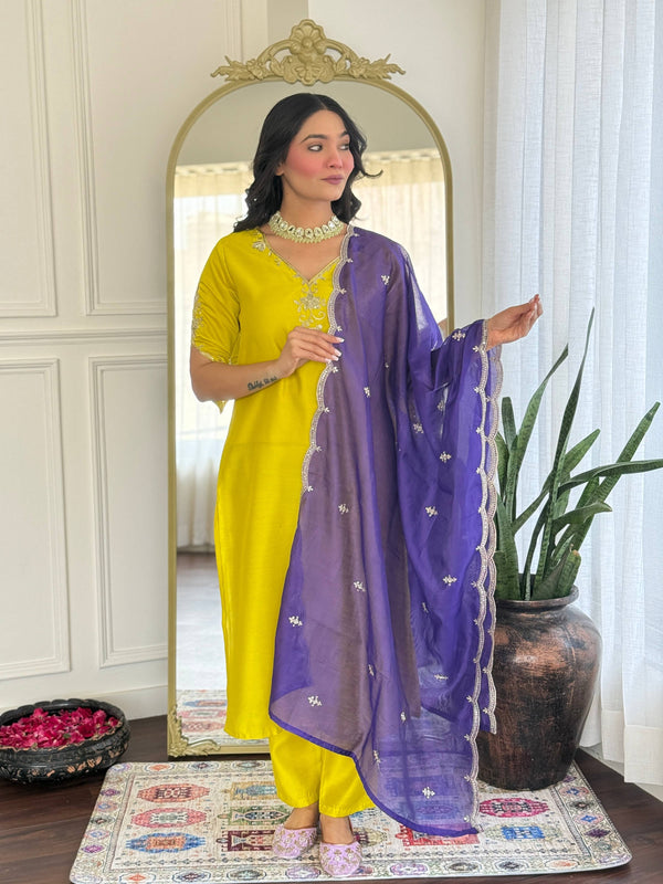 Malishka Women's Lemon Viscose Chanderi Embroidered Straight Kurta Pant With Dupatta
