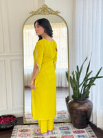 Thumbnail for Malishka Women's Lemon Viscose Chanderi Embroidered Straight Kurta Pant With Dupatta