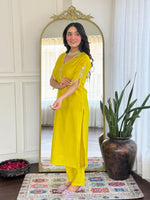 Thumbnail for Malishka Women's Lemon Viscose Chanderi Embroidered Straight Kurta Pant With Dupatta