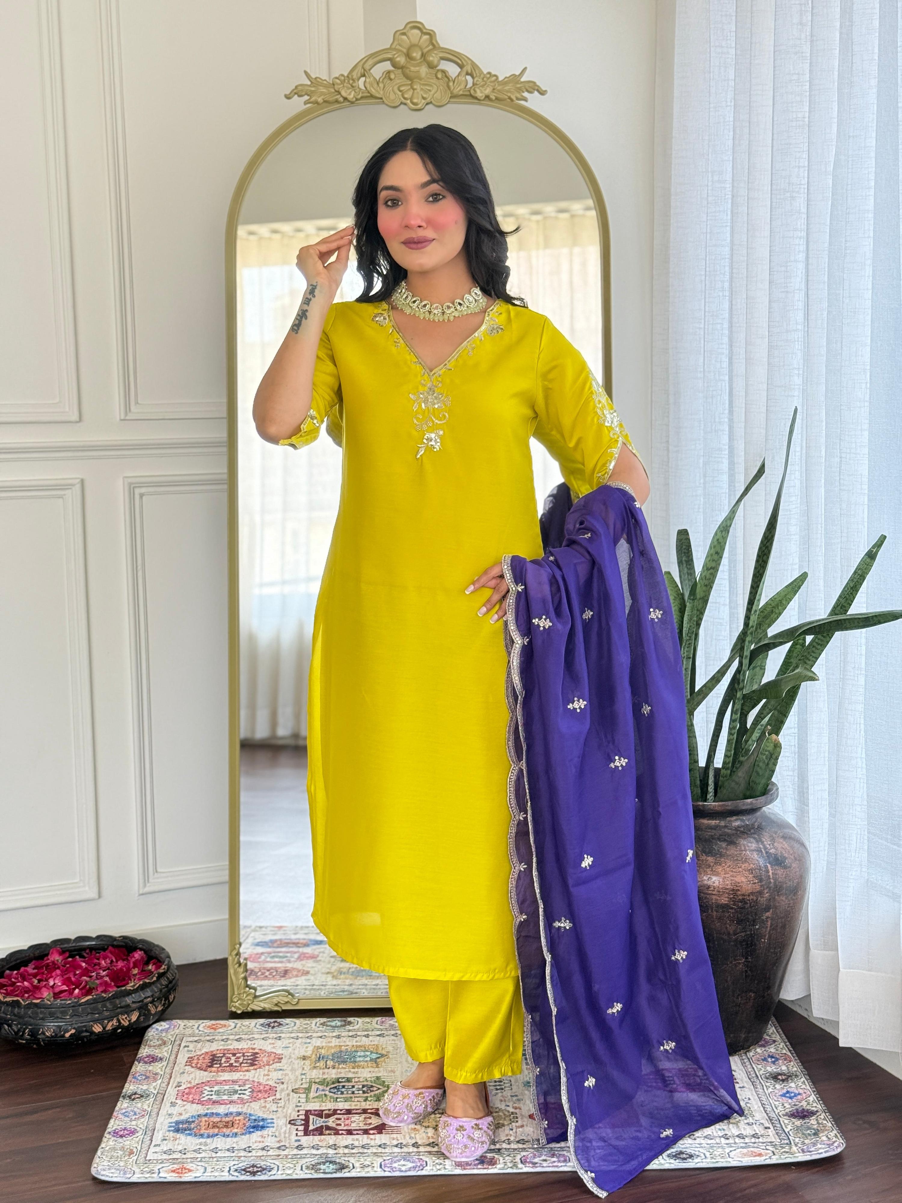Malishka Women's Lemon Viscose Chanderi Embroidered Straight Kurta Pant With Dupatta