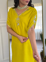 Thumbnail for Malishka Women's Lemon Viscose Chanderi Embroidered Straight Kurta Pant With Dupatta
