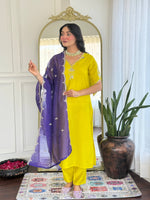 Thumbnail for Malishka Women's Lemon Viscose Chanderi Embroidered Straight Kurta Pant With Dupatta