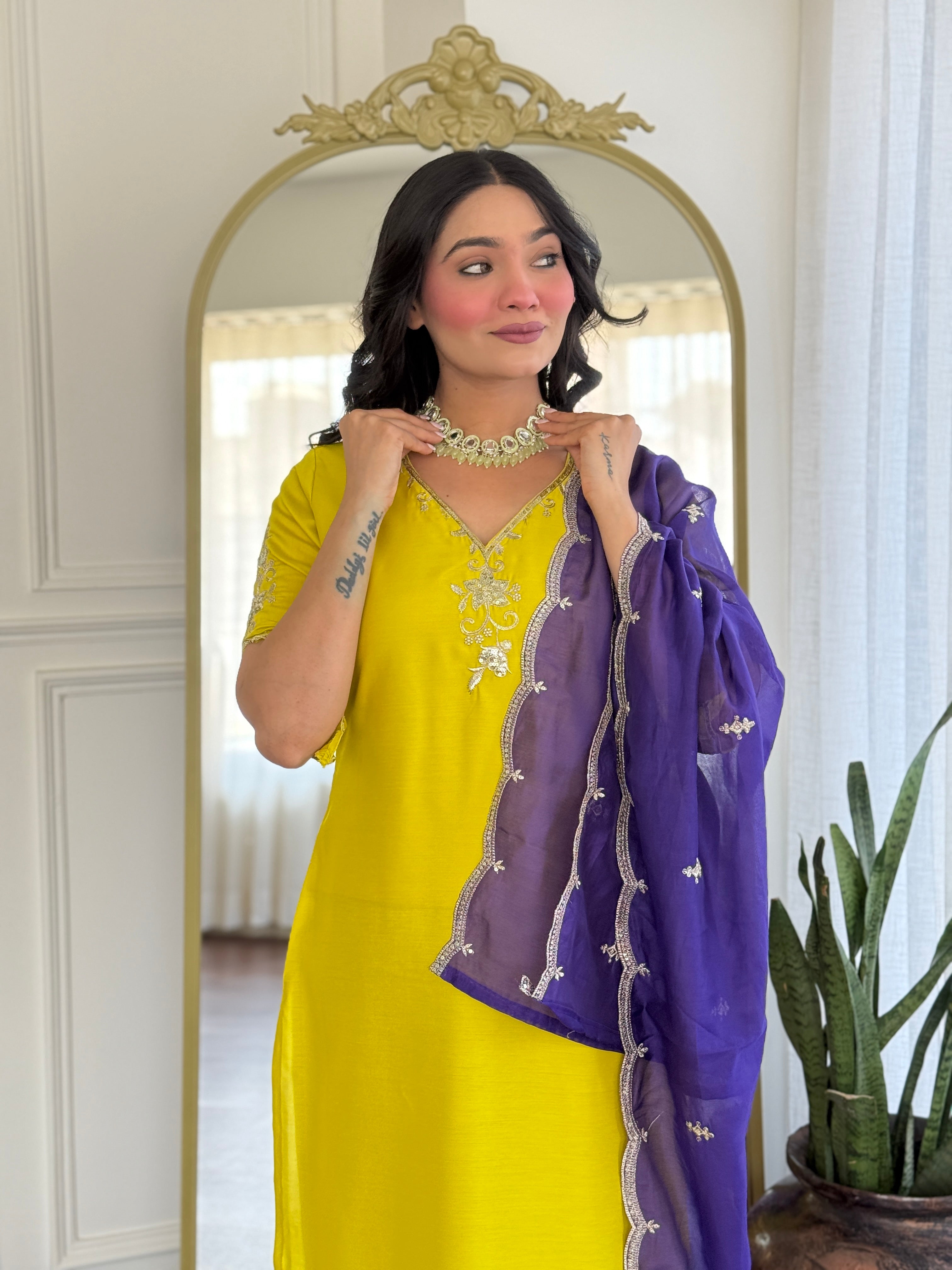 Malishka Women's Lemon Viscose Chanderi Embroidered Straight Kurta Pant With Dupatta