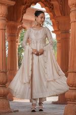 Thumbnail for Malishka Women's Cream Vichitra Silk Embroidered Anarkali Kurta Pant With Dupatta