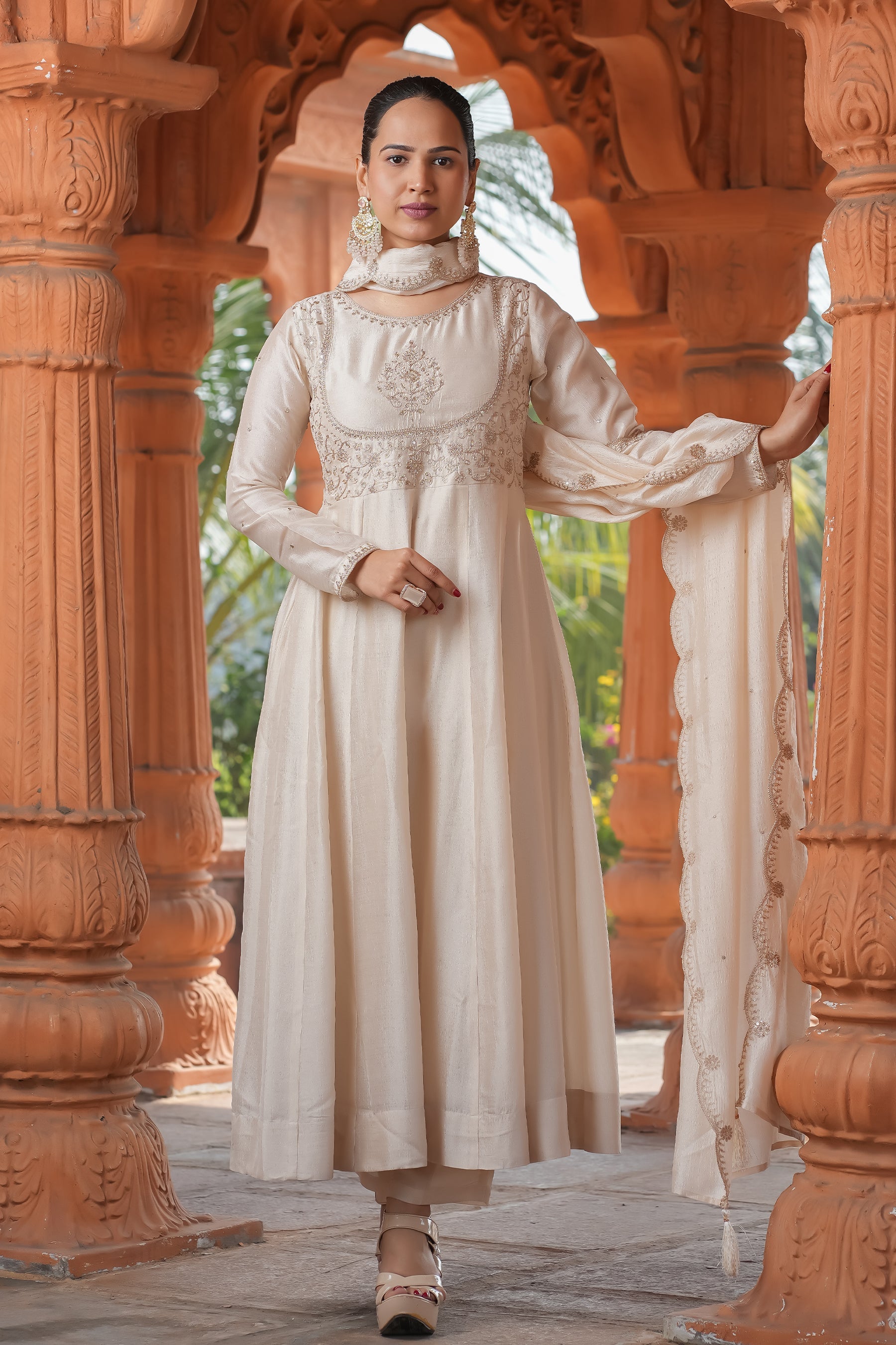 Malishka Women's Cream Vichitra Silk Embroidered Anarkali Kurta Pant With Dupatta