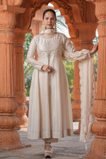Thumbnail for Malishka Women's Cream Vichitra Silk Embroidered Anarkali Kurta Pant With Dupatta