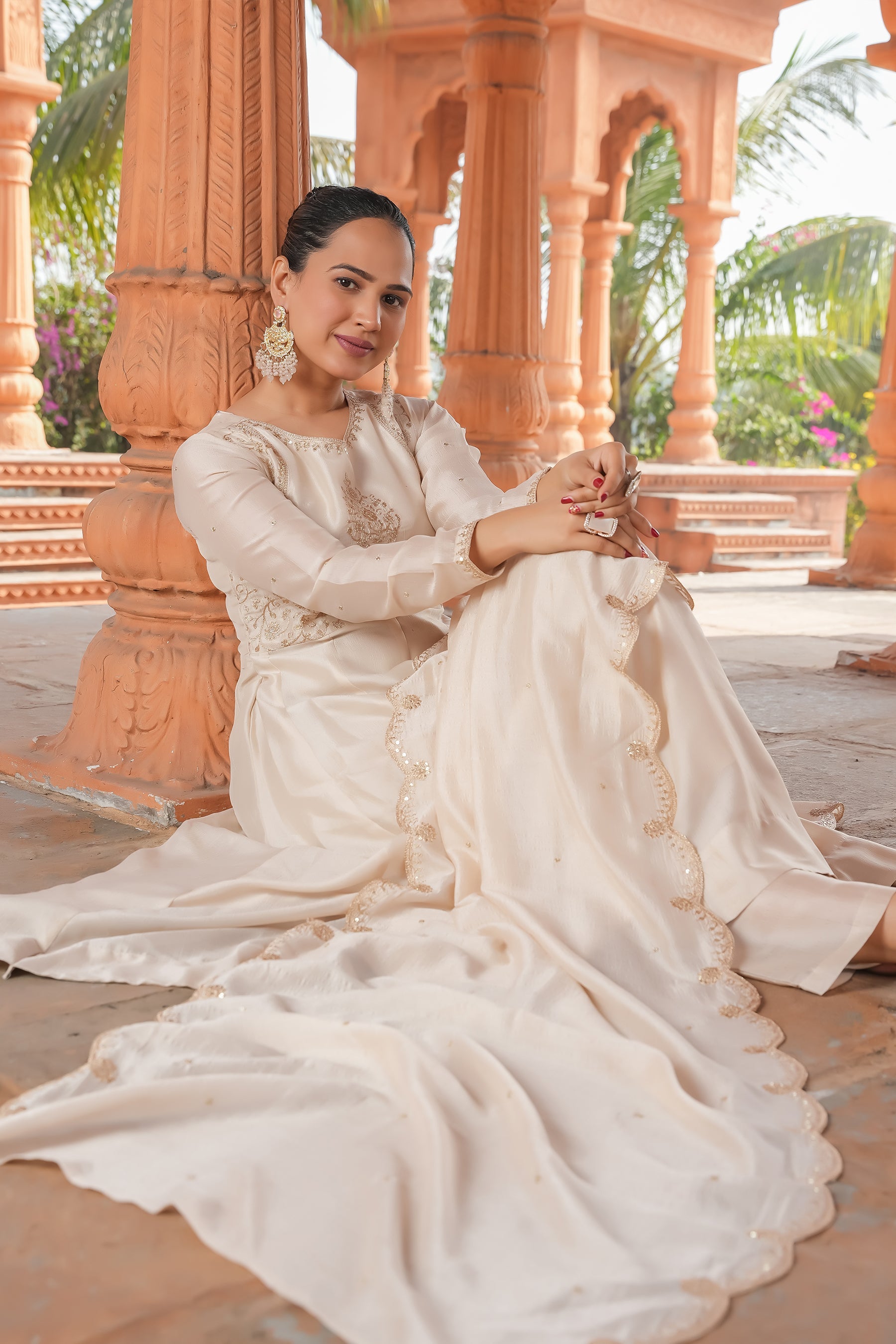Malishka Women's Cream Vichitra Silk Embroidered Anarkali Kurta Pant With Dupatta