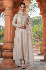 Thumbnail for Malishka Women's Cream Vichitra Silk Embroidered Anarkali Kurta Pant With Dupatta
