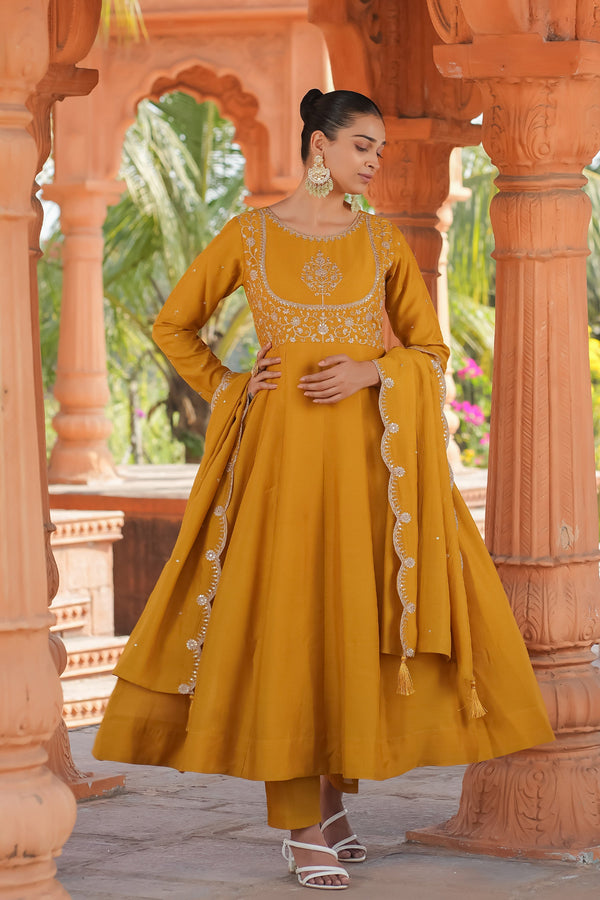 Malishka Women's Mustard Vichitra Silk Embroidered Anarkali Kurta Pant With Dupatta