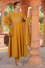 Thumbnail for Malishka Women's Mustard Vichitra Silk Embroidered Anarkali Kurta Pant With Dupatta