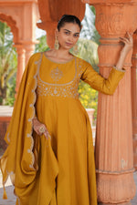 Thumbnail for Malishka Women's Mustard Vichitra Silk Embroidered Anarkali Kurta Pant With Dupatta