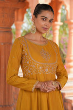 Thumbnail for Malishka Women's Mustard Vichitra Silk Embroidered Anarkali Kurta Pant With Dupatta