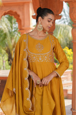 Thumbnail for Malishka Women's Mustard Vichitra Silk Embroidered Anarkali Kurta Pant With Dupatta