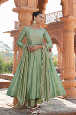 Thumbnail for Malishka Women's Pista Vichitra Silk Embroidered Anarkali Kurta Pant With Dupatta