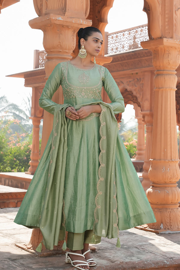 Malishka Women's Pista Vichitra Silk Embroidered Anarkali Kurta Pant With Dupatta