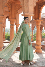 Thumbnail for Malishka Women's Pista Vichitra Silk Embroidered Anarkali Kurta Pant With Dupatta