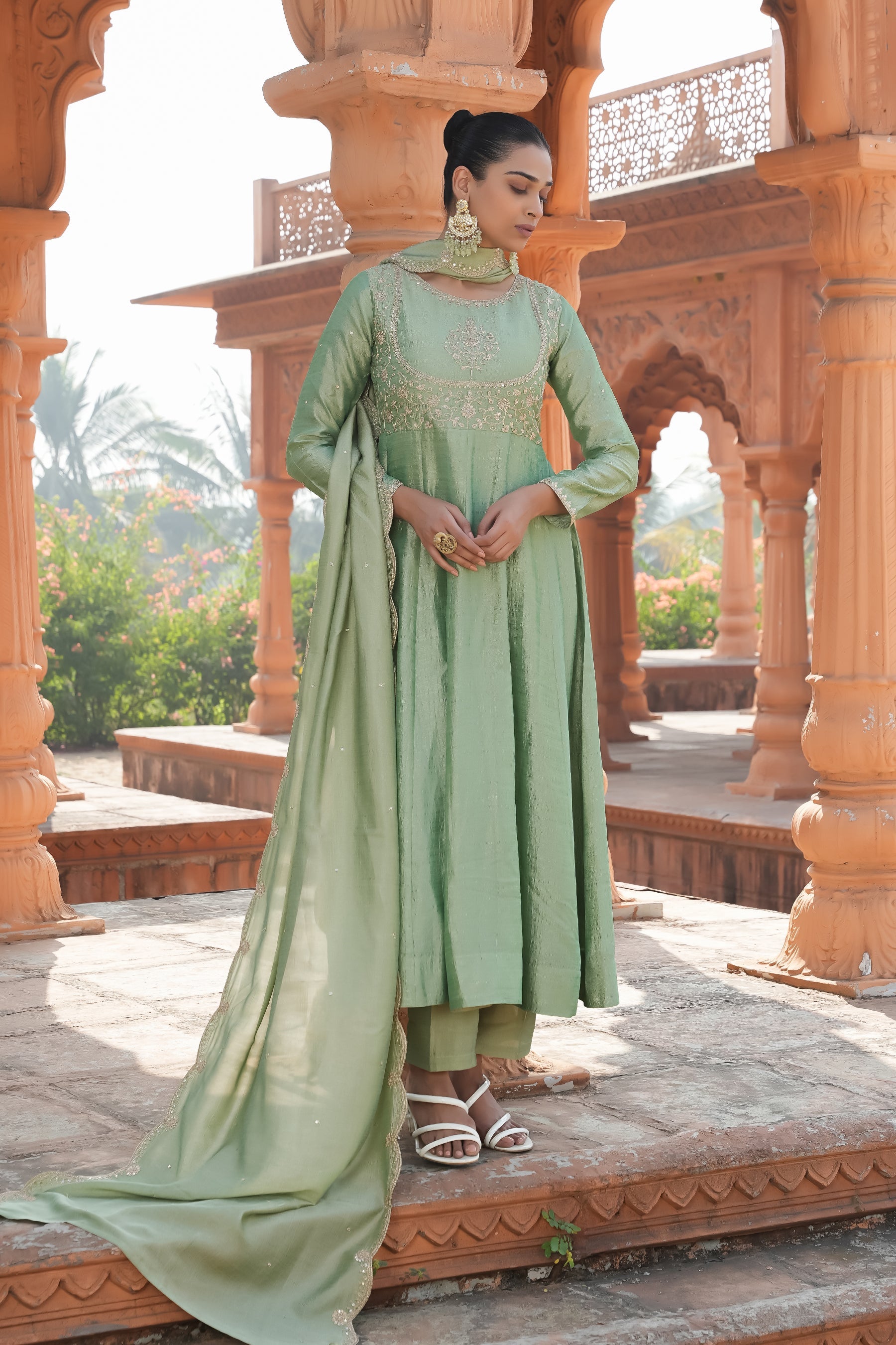Malishka Women's Pista Vichitra Silk Embroidered Anarkali Kurta Pant With Dupatta