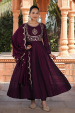 Thumbnail for Malishka Women's Wine Vichitra Silk Embroidered Anarkali Kurta Pant With Dupatta