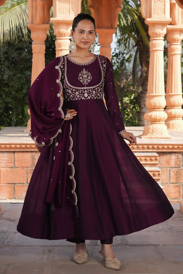 Malishka Women's Wine Vichitra Silk Embroidered Anarkali Kurta Pant With Dupatta