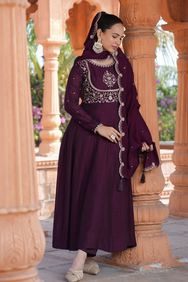Malishka Women's Wine Vichitra Silk Embroidered Anarkali Kurta Pant With Dupatta