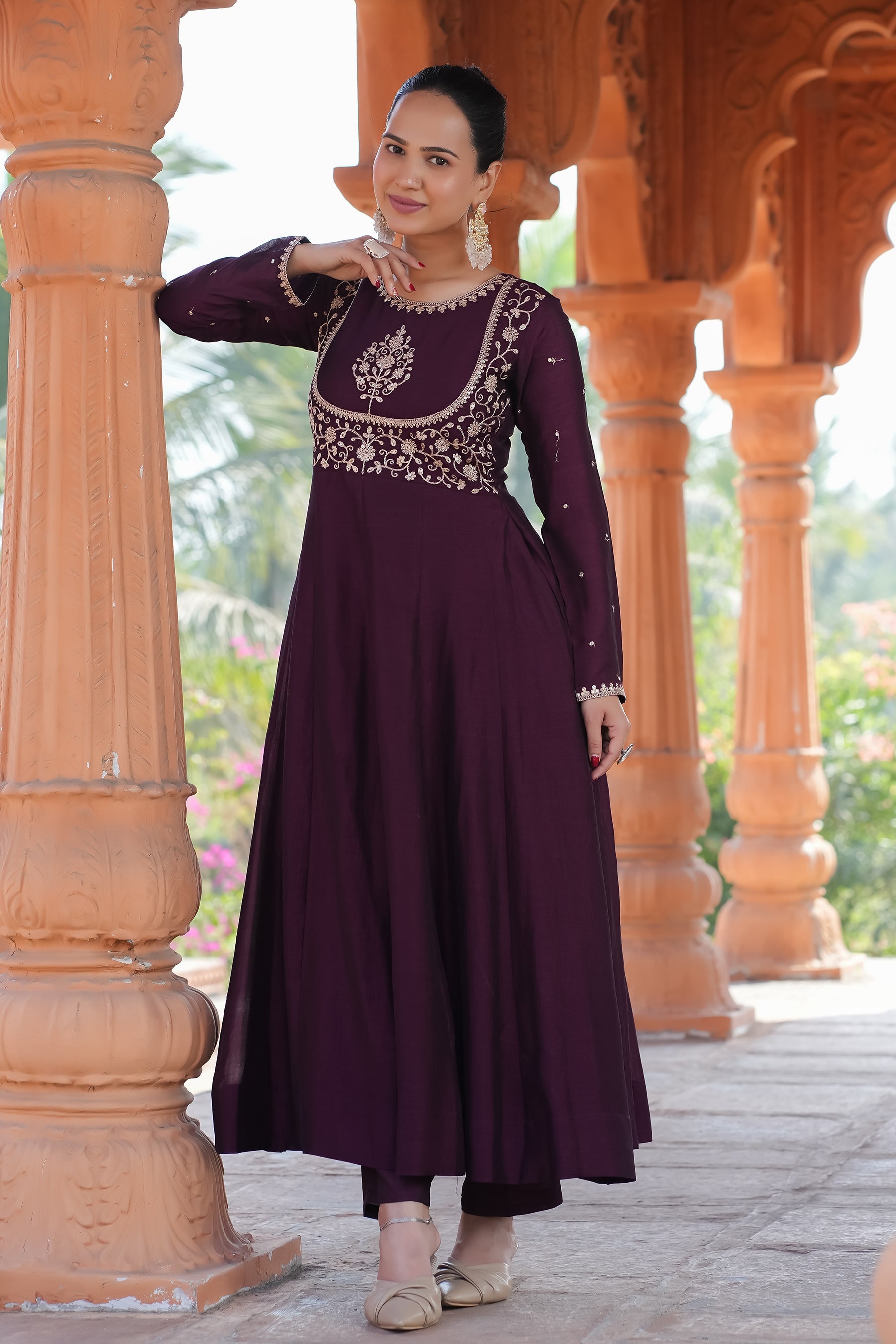 Malishka Women's Wine Vichitra Silk Embroidered Anarkali Kurta Pant With Dupatta
