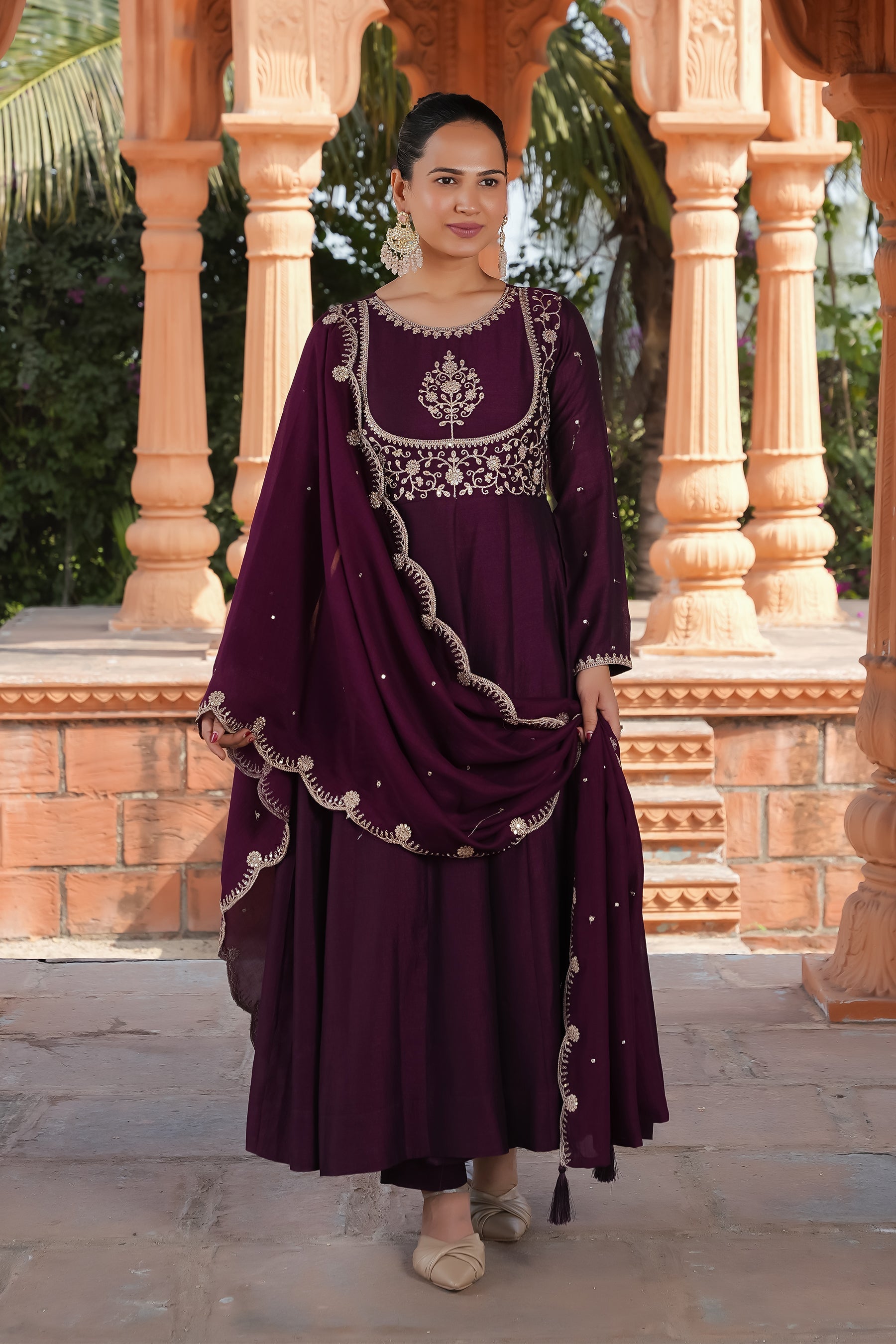 Malishka Women's Wine Vichitra Silk Embroidered Anarkali Kurta Pant With Dupatta