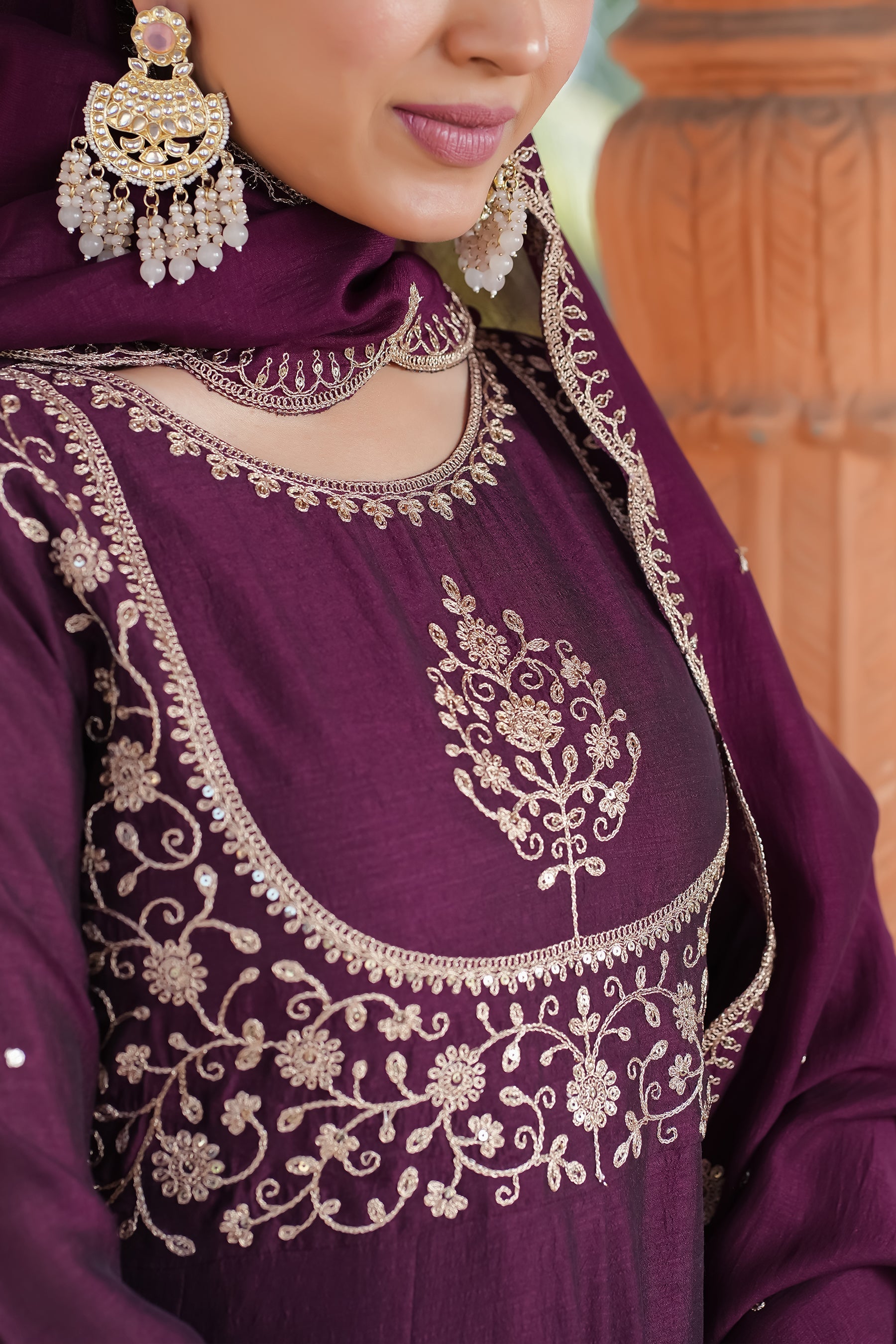 Malishka Women's Wine Vichitra Silk Embroidered Anarkali Kurta Pant With Dupatta