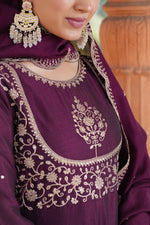 Thumbnail for Malishka Women's Wine Vichitra Silk Embroidered Anarkali Kurta Pant With Dupatta