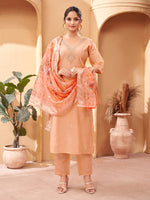Thumbnail for Malishka Women's Peach Viscose Chanderi Embroidered Straight Kurta Pant With Dupatta - Distacart