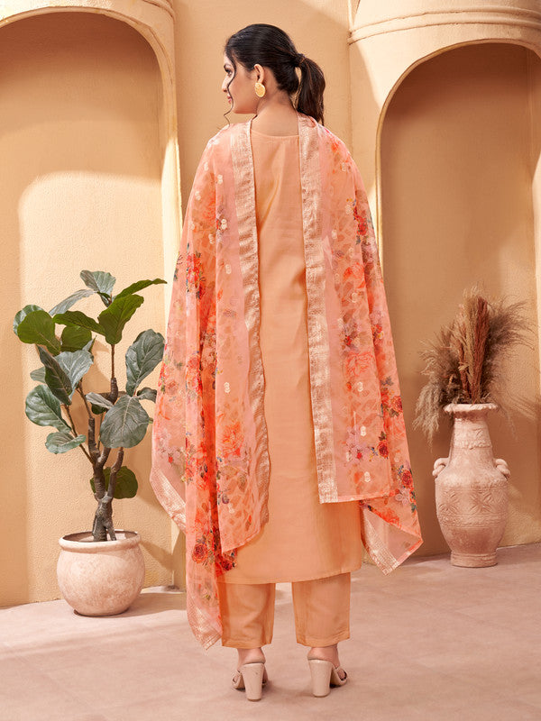 Malishka Women's Peach Viscose Chanderi Embroidered Straight Kurta Pant With Dupatta - Distacart