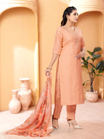 Thumbnail for Malishka Women's Peach Viscose Chanderi Embroidered Straight Kurta Pant With Dupatta - Distacart