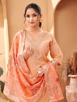 Thumbnail for Malishka Women's Peach Viscose Chanderi Embroidered Straight Kurta Pant With Dupatta - Distacart