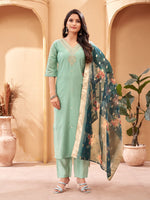 Thumbnail for Malishka Women's Pista Viscose Chanderi Embroidered Straight Kurta Pant With Dupatta - Distacart