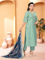 Thumbnail for Malishka Women's Pista Viscose Chanderi Embroidered Straight Kurta Pant With Dupatta - Distacart