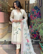 Thumbnail for Malishka Women's White Organza Embroidered Straight Kurta Pant With Dupatta - Distacart
