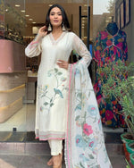 Thumbnail for Malishka Women's White Organza Embroidered Straight Kurta Pant With Dupatta - Distacart