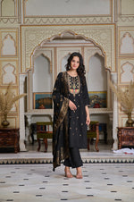 Thumbnail for Malishka Women's Black Chanderi Embroidered Straight Kurta Pant With Dupatta - Distacart