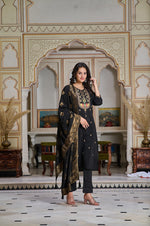 Thumbnail for Malishka Women's Black Chanderi Embroidered Straight Kurta Pant With Dupatta - Distacart