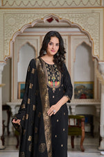 Thumbnail for Malishka Women's Black Chanderi Embroidered Straight Kurta Pant With Dupatta - Distacart