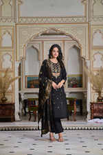 Thumbnail for Malishka Women's Black Chanderi Embroidered Straight Kurta Pant With Dupatta - Distacart