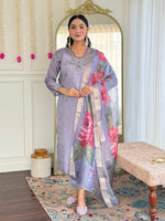 Thumbnail for Malishka Women's Grey Chanderi Silk Embroidered Straight Kurta Pant With Dupatta