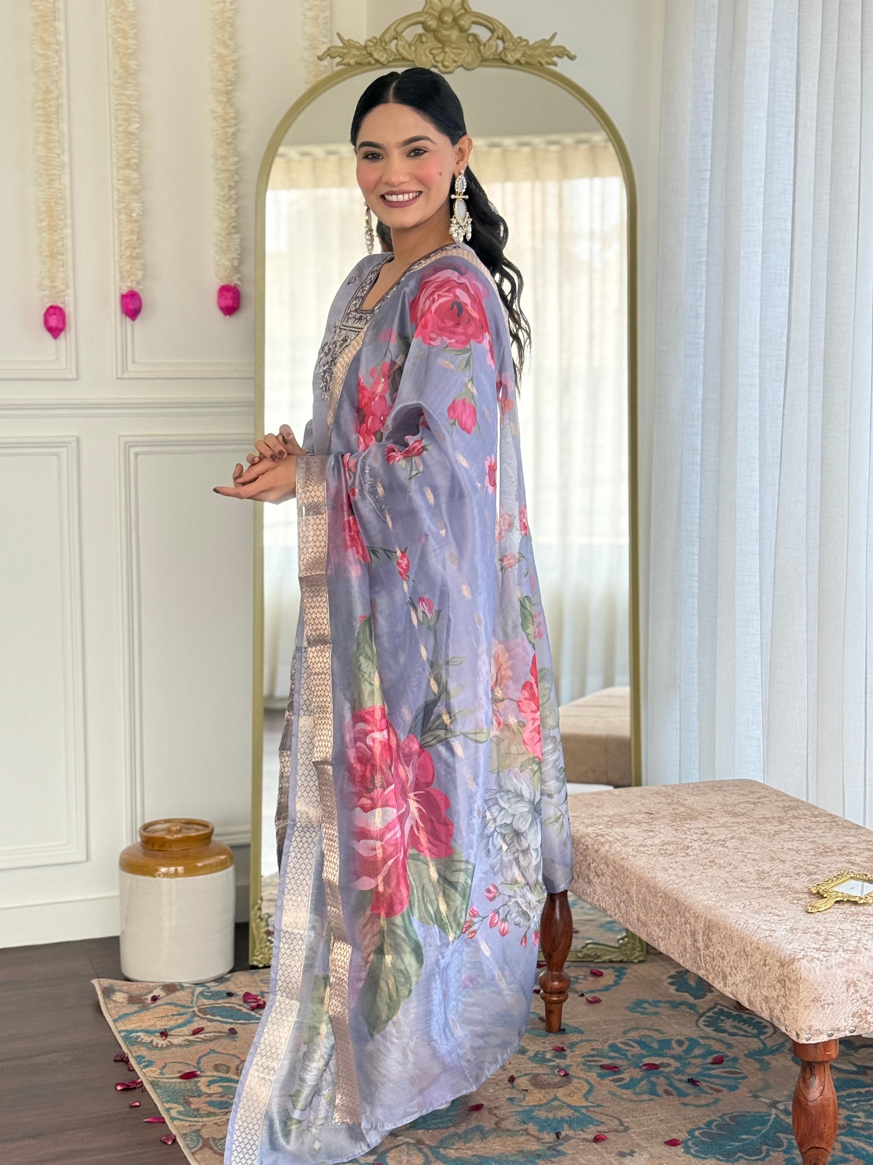 Malishka Women's Grey Chanderi Silk Embroidered Straight Kurta Pant With Dupatta