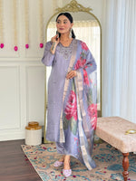Thumbnail for Malishka Women's Grey Chanderi Silk Embroidered Straight Kurta Pant With Dupatta