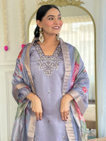 Thumbnail for Malishka Women's Grey Chanderi Silk Embroidered Straight Kurta Pant With Dupatta