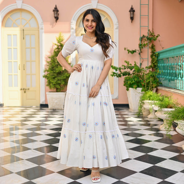 Malishka Women's White Cotton Rayon Embroidered Fully Stitched Anarkali Gown - Distacart